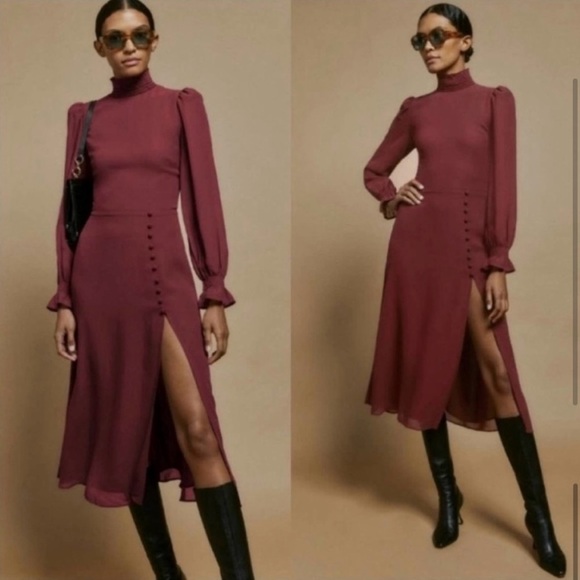 Reformation burgundy stevi- leg crepe midi dress size 10 - Picture 4 of 16